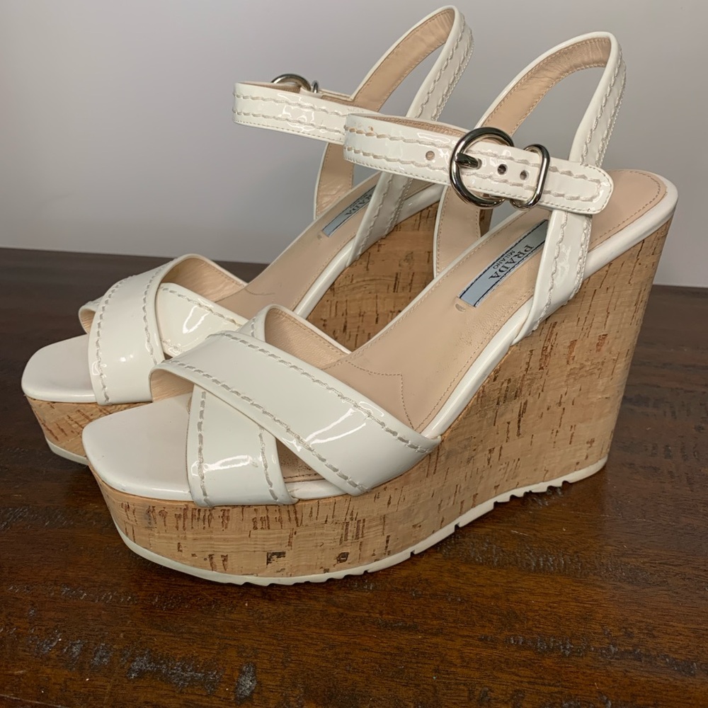 Prada White Wedge Sandals with Crisscross Straps Size 8.5